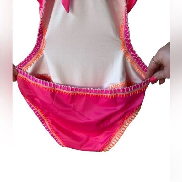 PQ Swim NWT Crochet Trim Halter Neck One Piece Swimsuit in Pink/Orange Size M - Picture 11 of 13